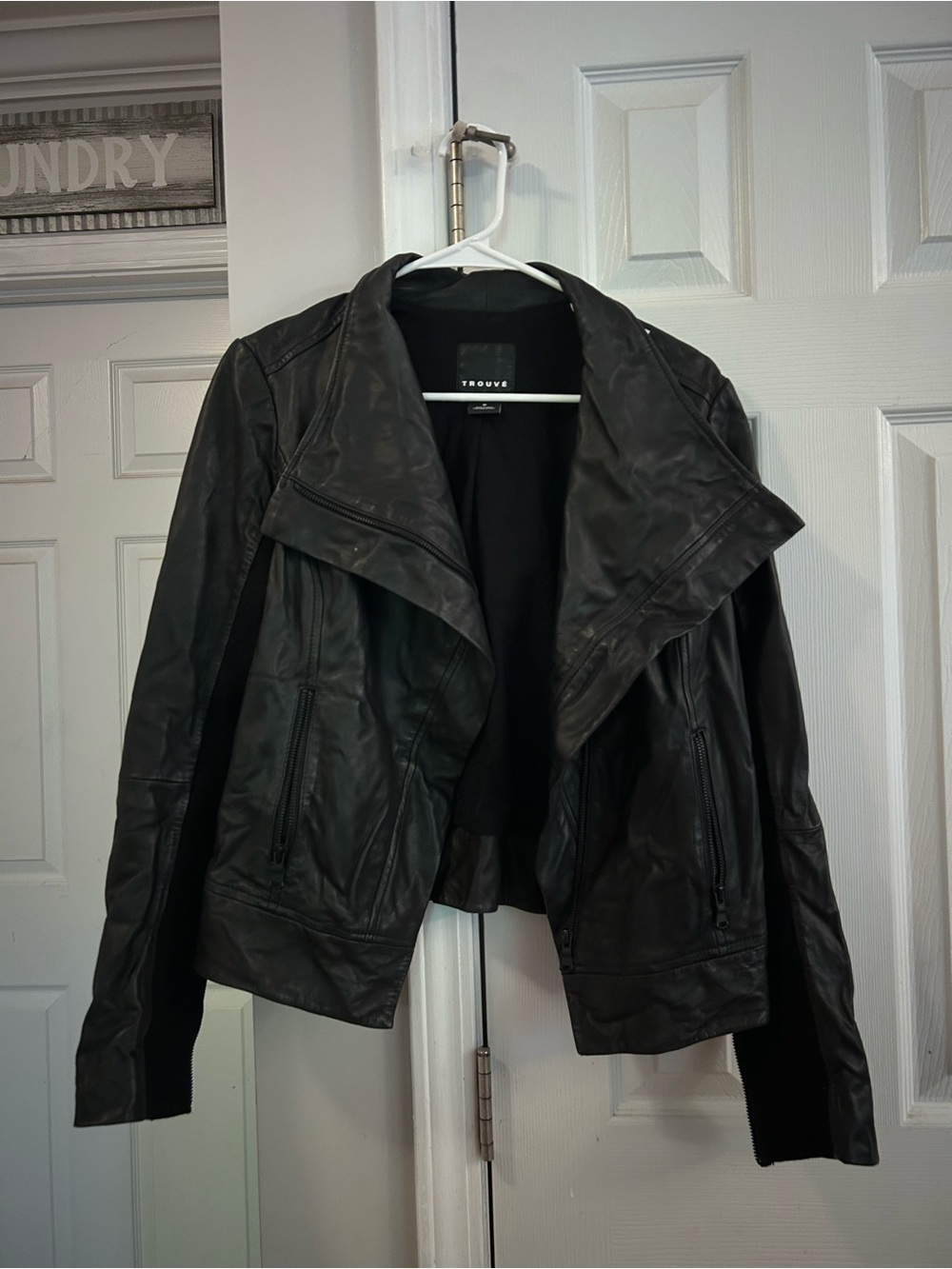 Trouve Black Leather Draped Moto Jacket